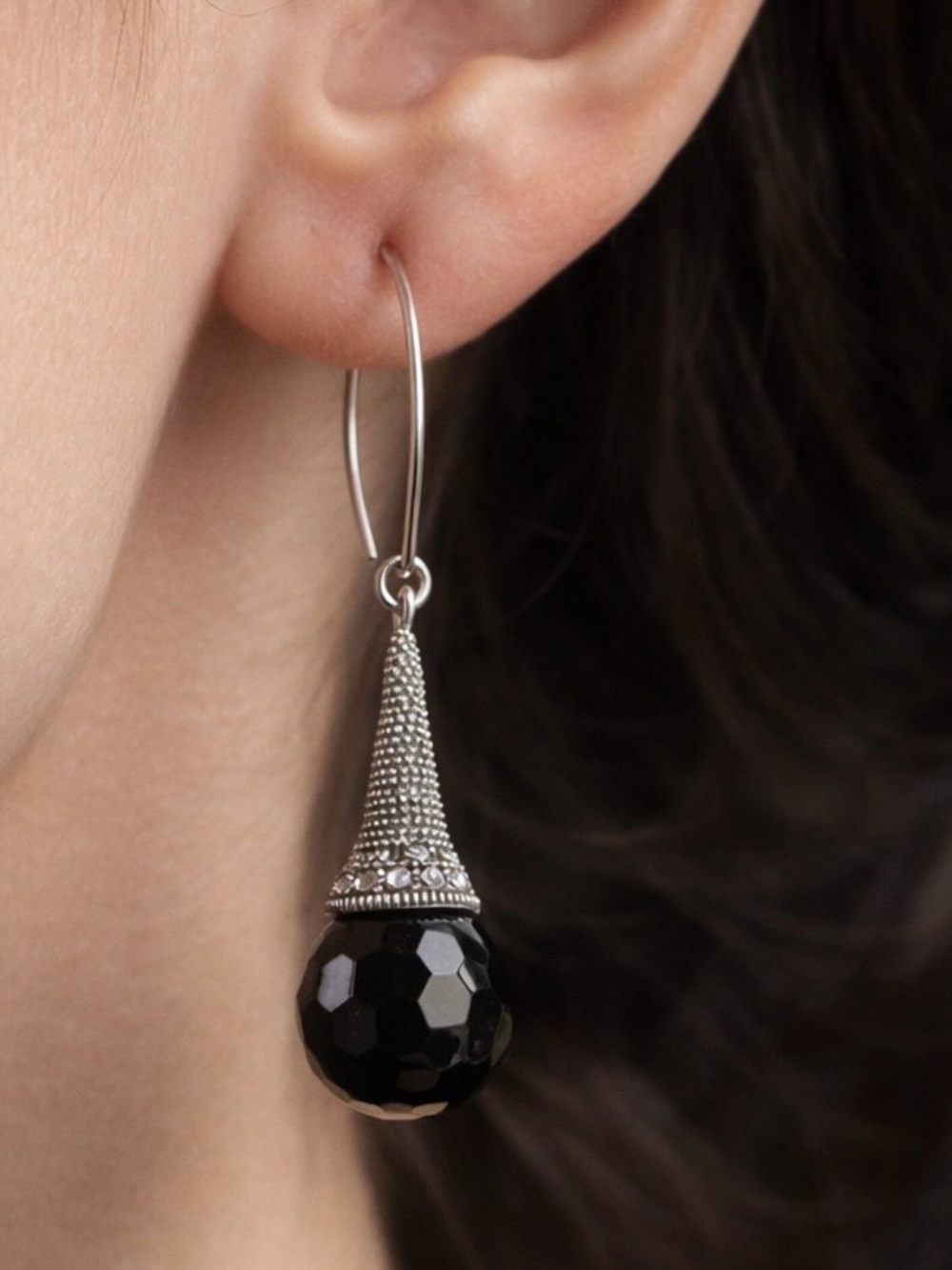 Sterling Silver Black Onyx Faceted Drop Earrings CZ Accent Long Dangle
